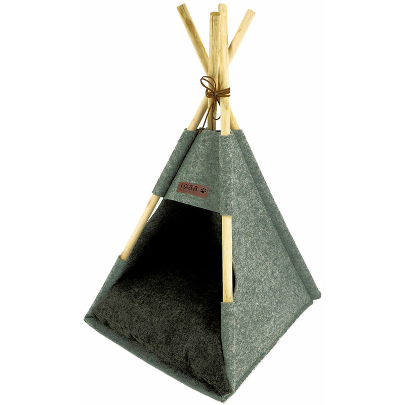 Spetebo - Haustier Zelt aus Holz und Filz in grau mit Kissen - ca. 80x44x42 cm - Stabiles Katzen Tipi Hunde Zelt Haus Bett waschbar Schlafplatz
