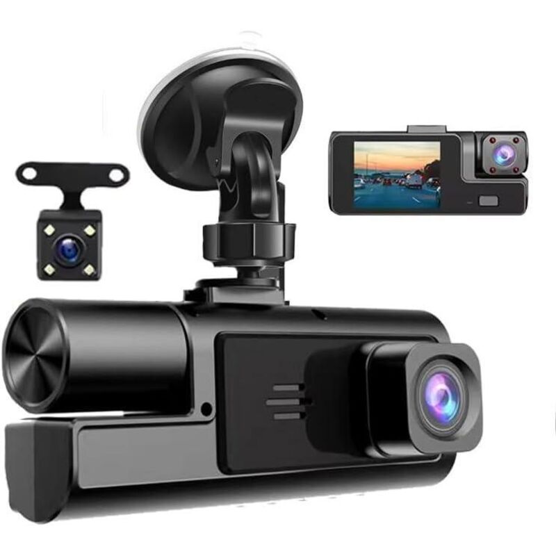 1080P 3-Kanal-Auto-Dashcam, Videorekorder für Vorder- und Rückansicht, 170°-Weitwinkel, 2-Zoll-IPS-Bildschirm, Loop-Aufnahme