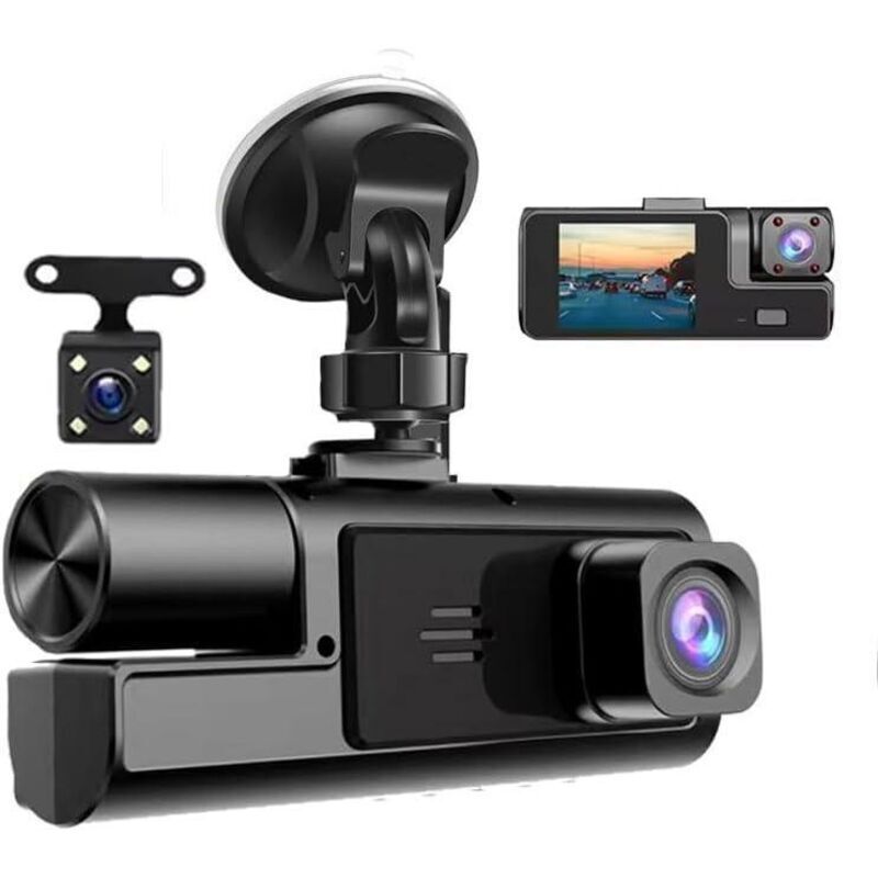 1080p 3-Kanal-Dashcam, Front- und Rückfahrkamera, 170°-Weitwinkel, 2-Zoll-IPS-Bildschirm, Loop-Aufnahme