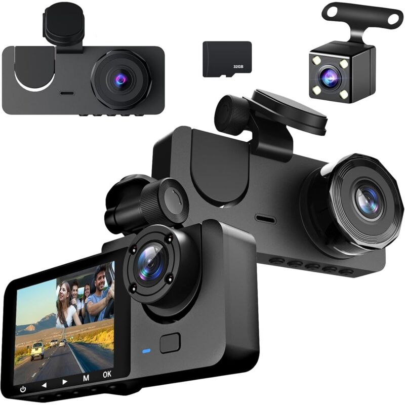 1080P Dashcam für Auto, vorne, hinten und innen, mit 32GB SD-Karte, Parküberwachung, Bewegungserkennung, 170° Weitwinkel, 3 Kanäle, 24 Stunden