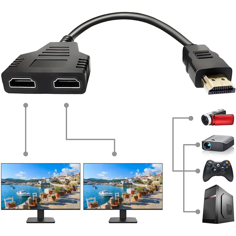 1080P HDMI-Stecker auf Dual-HDMI-Buchse, 1-auf-2-Wege-HDMI-Splitter-Adapter für hdtv, led, lcd und Projektoren, unterstützt zwei Fernseher