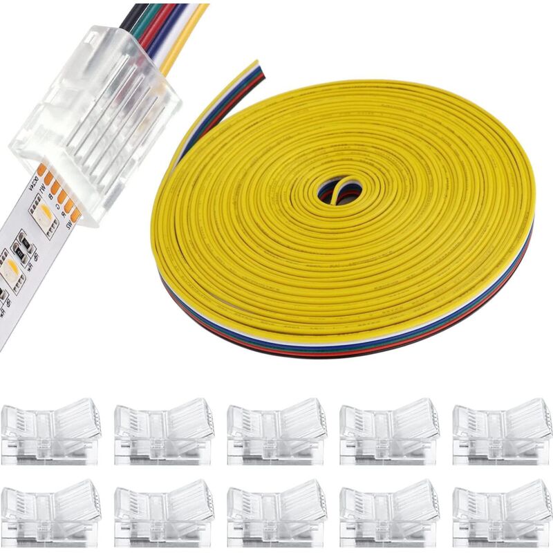 10er-Pack 6-Pin 12-mm-RGBW-LED-Streifen-Verbinder-Set, lötfreier LED-Verbinder, 10 m LED-Streifen-Verlängerungskabel für 12-mm-RGBW- oder