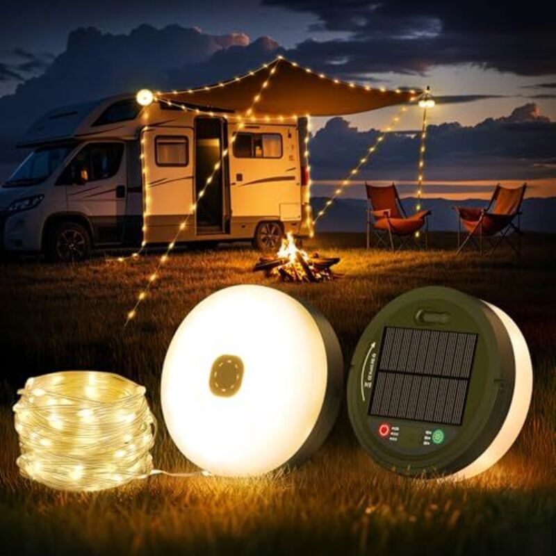 10M Camping Lichterkette Aufrollbar, Tragbare 3 in 1 Outdoor Lichterkette, Solar & usb Aufladbar Campinglampe mit 8 Beleuchtungsmodi, Wasserdicht led