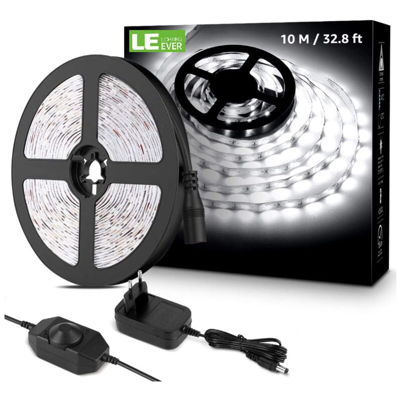 10M dimmbarer LED-Streifen, kaltweißer LED-Streifen 6000K 600 smd 2835 LEDs, 12V selbstklebender LED-Streifen mit Dimmer, Anschlüssen +