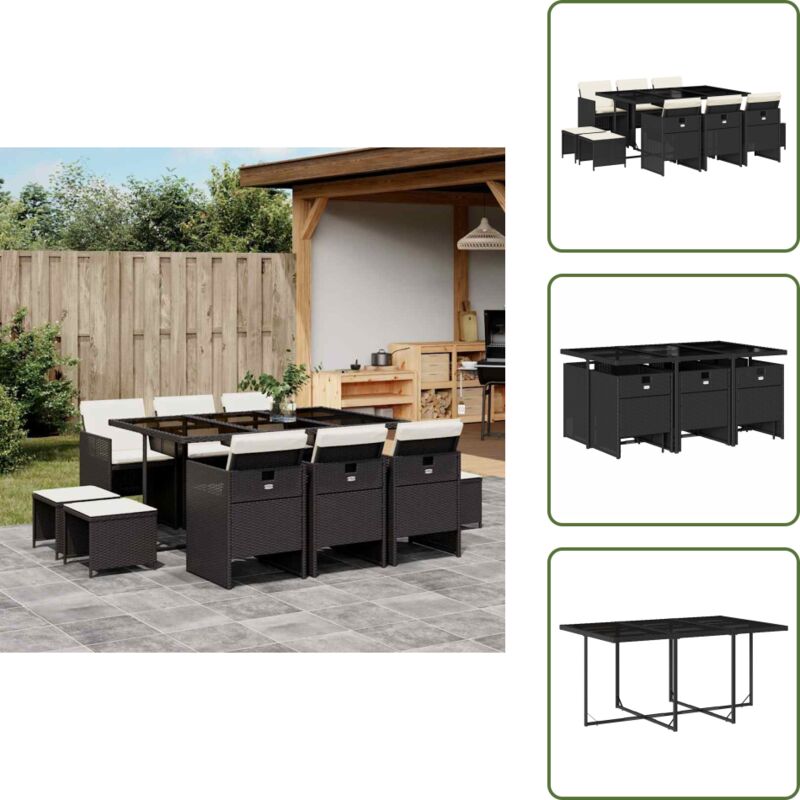 11-tlg. Garten-Essgruppe mit Kissen Schwarz Poly Rattan - Gartenmöbel - Essgruppen - Outdoor Möbel - Rattan Gartenmöbel - PE-Rattan