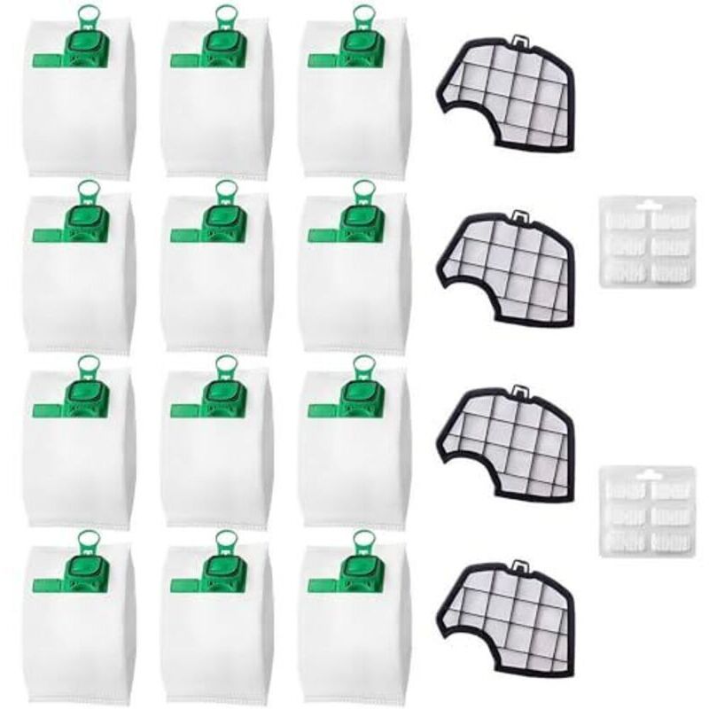 12 Beutel, kompatibel mit den Staubsaugern Vorwerk Folletto VK140, VK150, FP140 und FP150, inklusive 4 Filtern, Zubehörset für Vorwerk Folletto