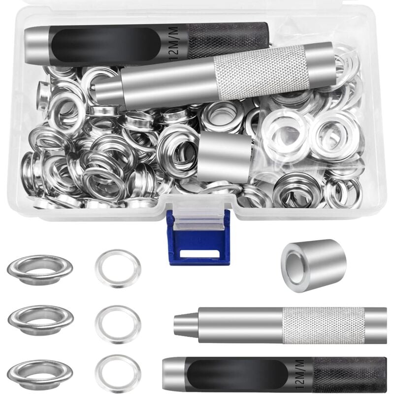 12 mm Planenösen, Ösen-Set, Werkzeuge, Metallösen, 100er-Set, Ösen-Set, Ösen-Set für die Reparatur von Segeltuchplanenzelten, Silber (1/2 Zoll)