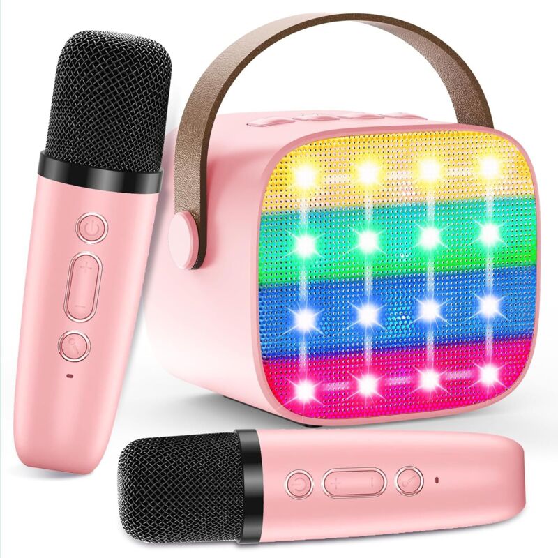 Karaoke-Maschine für Kinder mit 2 kabellosen Mikrofonen – Tragbarer Bluetooth-Lautsprecher, Stimmverzerrer, LED-Beleuchtung, Musikspielzeug für