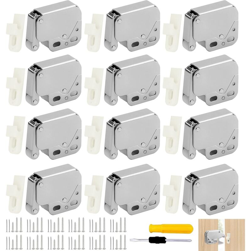 Gotrays - 12 Stück Federdruckknöpfe, Edelstahl, Mini-Riegel, Möbeldruckknöpfe mit Schrauben und Nägeln, geeignet für Schränke, Kleiderschränke und