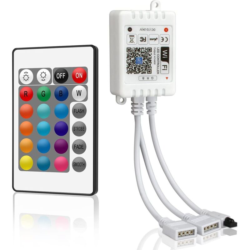 12 V-24 V WiFi RGB LED-Controller, MINI-LED-Controller mit 24-Tasten-IR-Fernbedienung für 5050 3528 LED-Streifen, kompatibel mit Alexa, Google