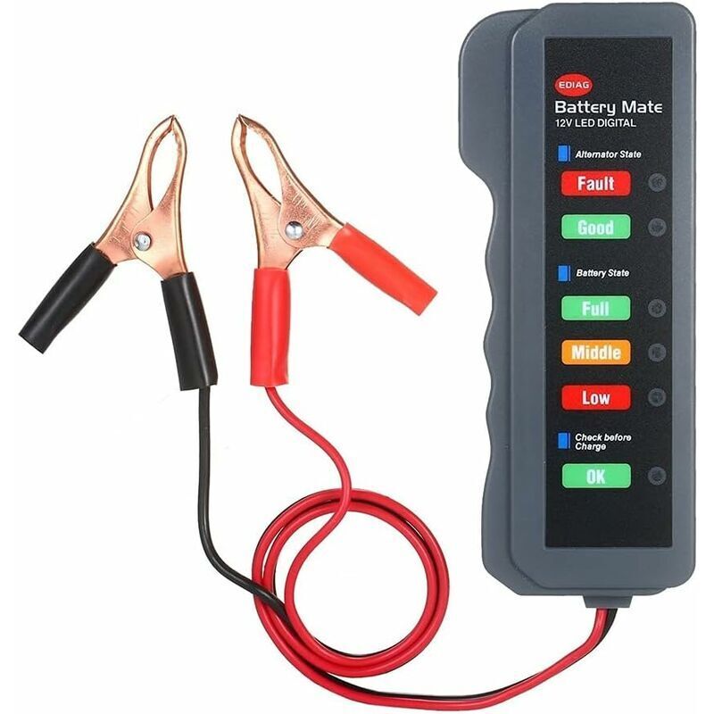 12-V-Autobatterie-Lichtmaschinentester, LED, digitaler Batteriezustands-Lichtmaschinen-Ladeanalysator mit LED-Kupferclip für Auto-Motorrad