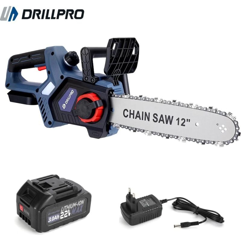 12 Zoll kabellose elektrische Kettensäge mit Bürstenlos Motor, 3300 U/min, 22V mit 1x 3,0Ah Akku, Akku-Kettensäge mit Kunststoffbox