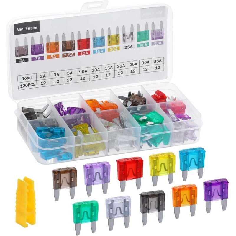 120 Mini-Sicherungsset für Autos, Sortiment an Sicherungen (2A, 3A, 5A, 7,5A, 10A, 15A, 20A, 25A, 30A, 35A), für Autos, LKWs, Motorräder, Wohnmobile