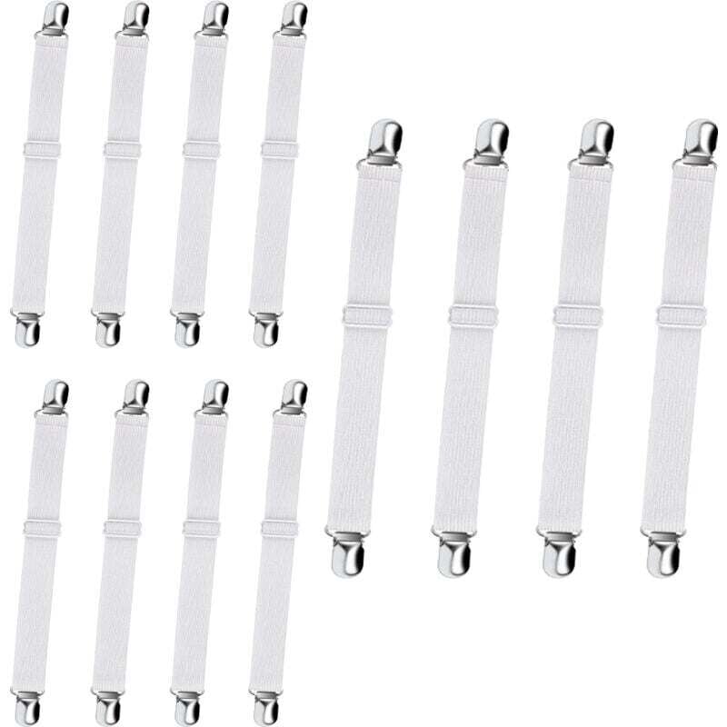 Confezione da 12 supporti elastici per lenzuola - clip elastiche regolabili per materassi per lenzuola con angoli con cinghie di fissaggio (bianco)