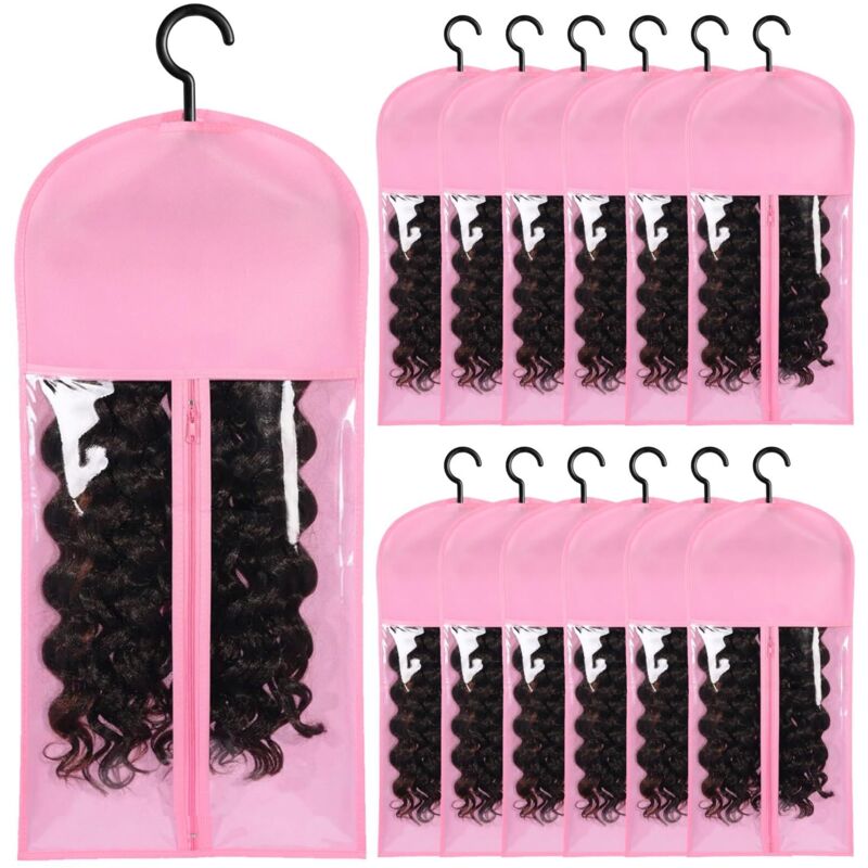 12er-Pack Perücken-Aufbewahrungstaschen mit Haarverlängerungs-Aufhänger für mehrere Perücken, Haarverlängerungen, Perücken und Zubehör (Pink)