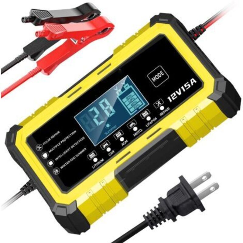 12V 15A Gelbes Smart-Batterieladegerät 12V 15A für Motorräder, Autos und Blei-Säure-/Lithium-Eisen-Batterien (kompatibel mit Blei-Säure-Batterien)