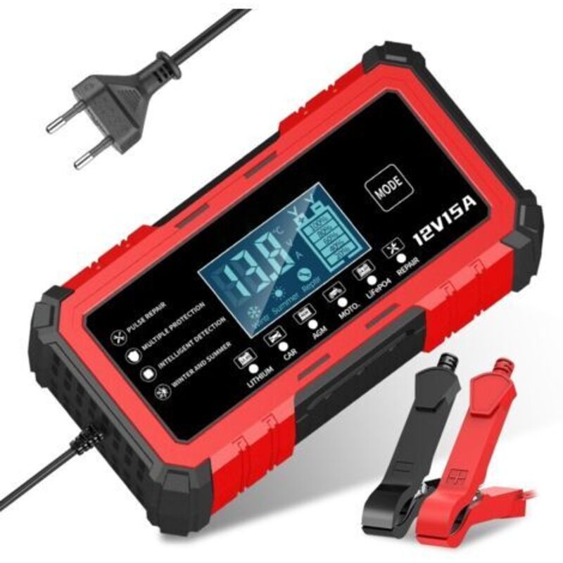 12V 15A Rotes Smart-Batterieladegerät für Motorräder, Autos und Blei-Säure-/Lithium-Eisen-Batterien (kompatibel mit Blei-Säure-Batterien)