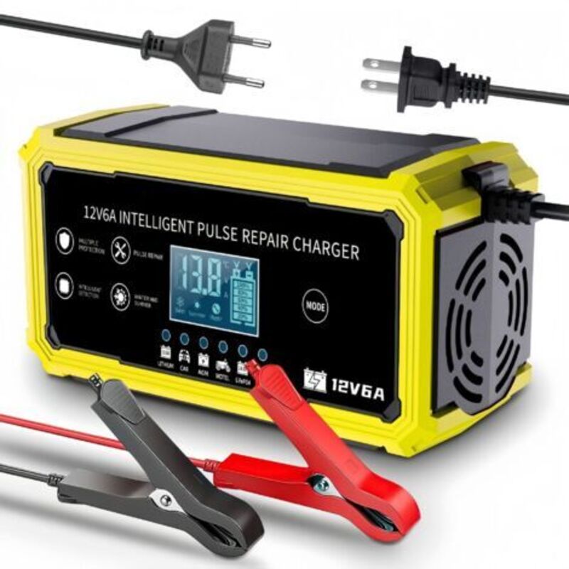 12V 6A Gelbes Ladegerät für 12,6V/14,6V Blei-Säure- und Lithium-Batterien für Motorräder und Autos, kompatibel mit Lithium-Säure-Batterien