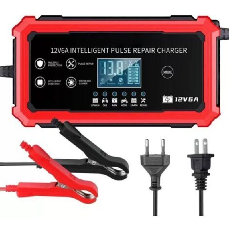 12V 6A Rotes Ladegerät für 12,6V/14,6V Blei-Säure- und Lithium-Batterien für Motorräder und Autos, kompatibel mit Lithium-Säure-Batterien