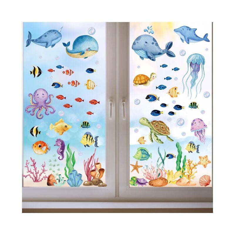 134 Stück Meeres-Fensteraufkleber, abnehmbare Aufkleber für Badezimmer, Quallen-Schildkröten-Marine-Aufkleber, Ozean-Aufkleber für