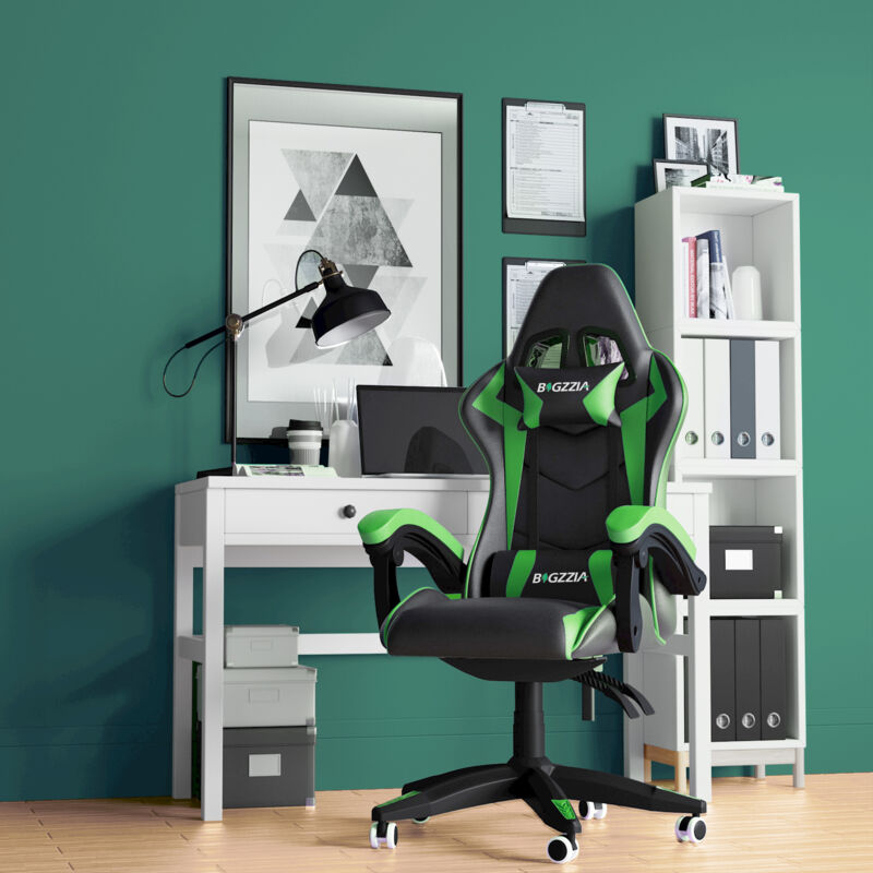 Wowttrelax - 135° verstellbarer Gaming-Stuhl, bequemer Ledersitz, ergonomischer Gaming-Stuhl, Kopfstütze, Lordosenstütze, Grün