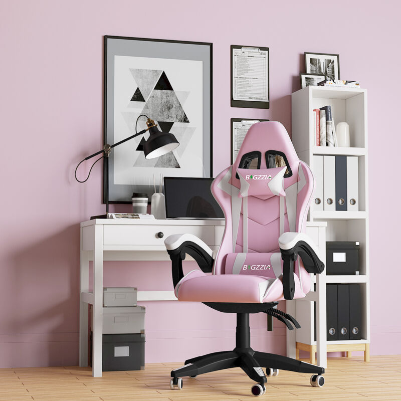 Wowttrelax - 135° verstellbarer Gaming-Stuhl, bequemer Ledersitz, ergonomischer Gaming-Stuhl, Kopfstütze, Lordosenstütze, Pink