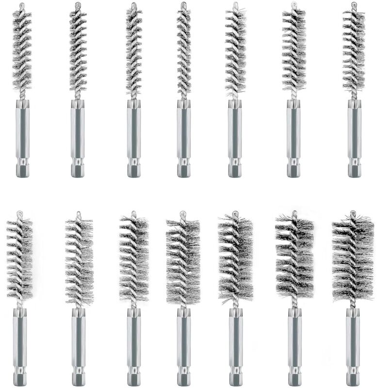 14 Stück Drahtbürste für Bohrmaschine, Verschiedene Größen Zylinderbürste, mit Sechskantstange Edelstahl-Lochbürste, Zylinder-Drahtbürste für