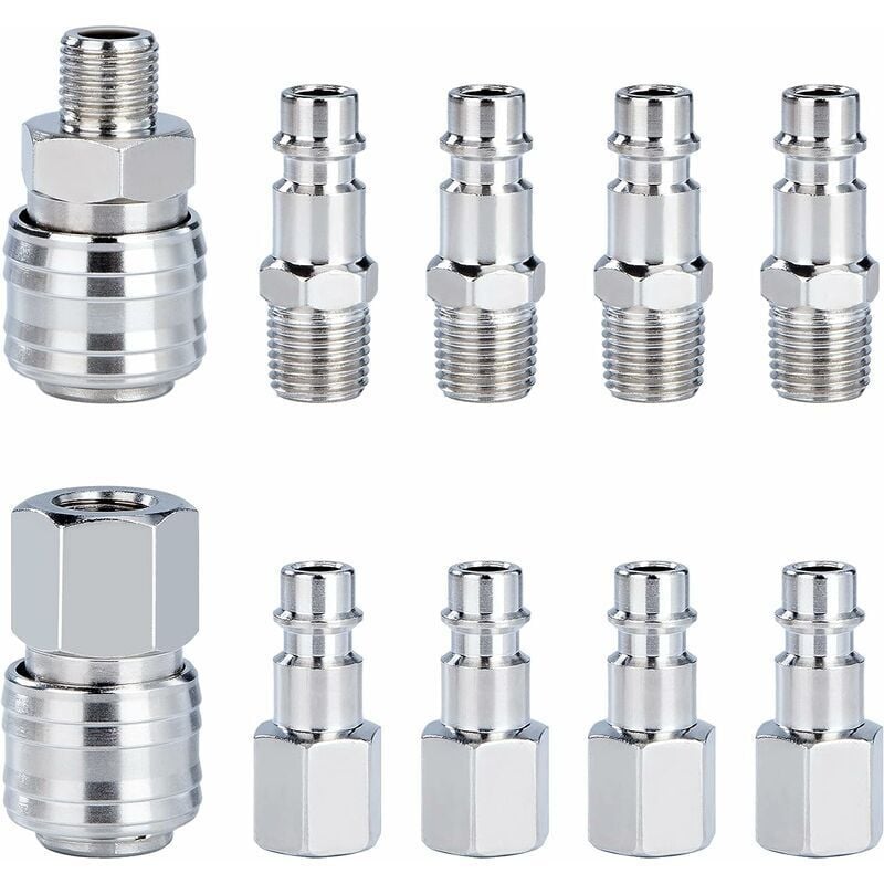 1/4 Zoll BSP-Kompressor-Armatur, Schnellanschluss-Druckluft-Anschlüsse für Kompressorschlauch, pneumatische Armatur, männlich/weiblich, 10 Stück