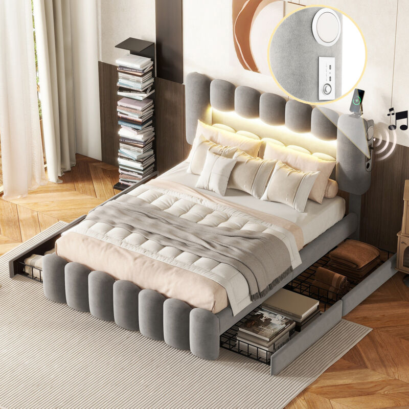 140 x 200 Polsterbett, Polsterbett mit 4 Schubladen, Polsterbet Bett mit LED-Lichtleiste mit usb und Stereoanlage, Grau