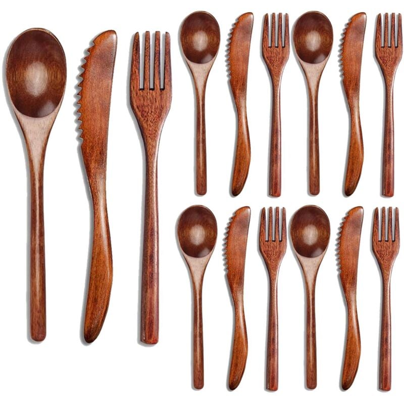 15 Pcs Holz Löffel Gabel Messer Besteck Set Abendessen Utensil Küche Besteck Geschirr