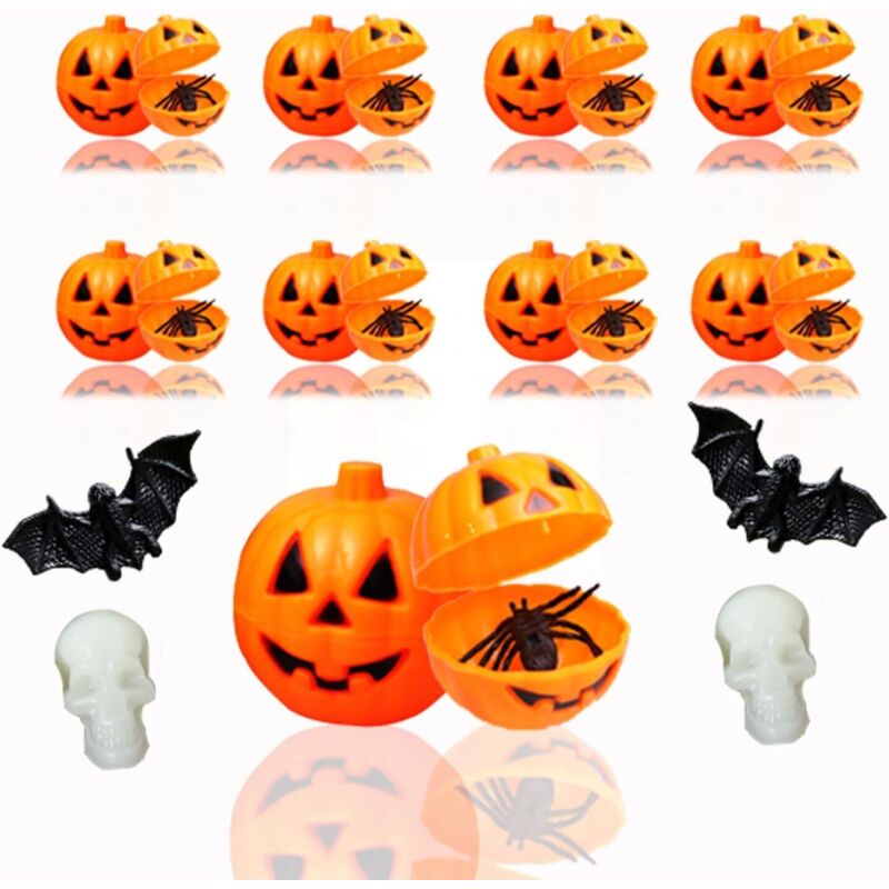 Bluedeer - 15 Stück Mini Kürbis Eimer mit 26 Stück Halloween Deko, Mini-Totenköpfe, Fledermäuse, Spinne für Halloween Trick or Treat, Mini Herbst