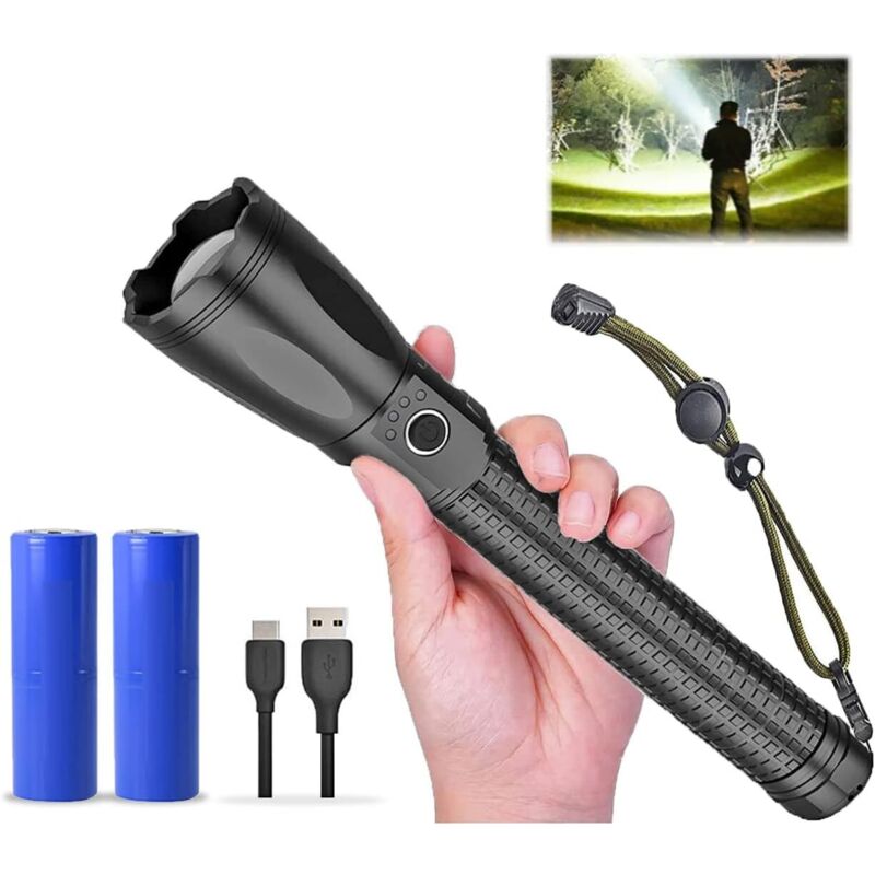 15000 Lumen LED-Taschenlampe, verbesserte Version, wiederaufladbare Taschenlampe, superhelle Camping-Taschenlampe, XHP70.2, IP56 wasserdicht, zoombar