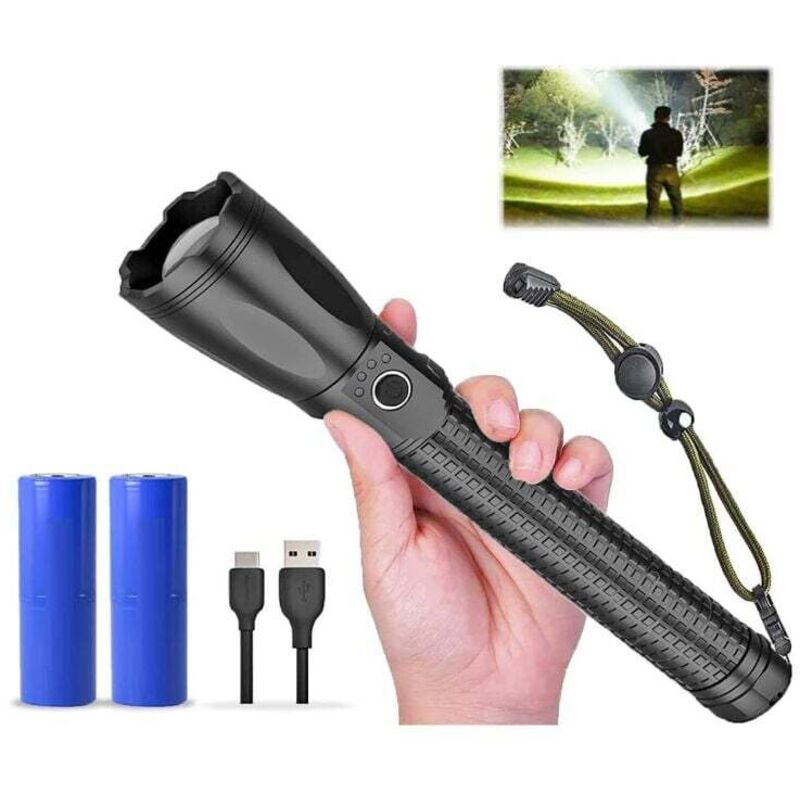 15000 Lumen LED-Taschenlampe, verbesserte wiederaufladbare Taschenlampe, superhelle Camping-Taschenlampe, XHP70.2, IP56 wasserdicht, zoombar (schwarz)