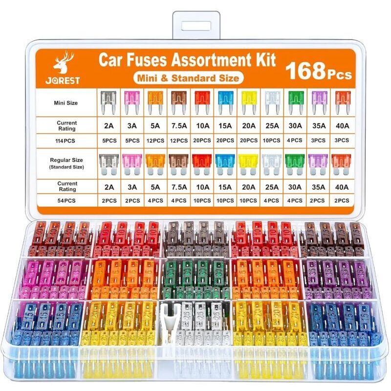 168-teiliger Kfz-Sicherungssatz, 114 Mini-Kfz-Sicherungen + 54 mittlere Kfz-Sicherungen + 1 Sicherungszieher - für PKW/Wohnmobil/LKW/Motorrad (2A 3A