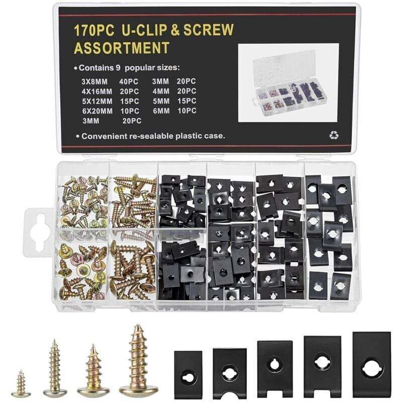170 Kfz-Befestigungsclips, Karosserieclips, 85 Kreuzschlitzschrauben, 85 U-förmige Kfz-Befestigungsclips, Kotflügelclips