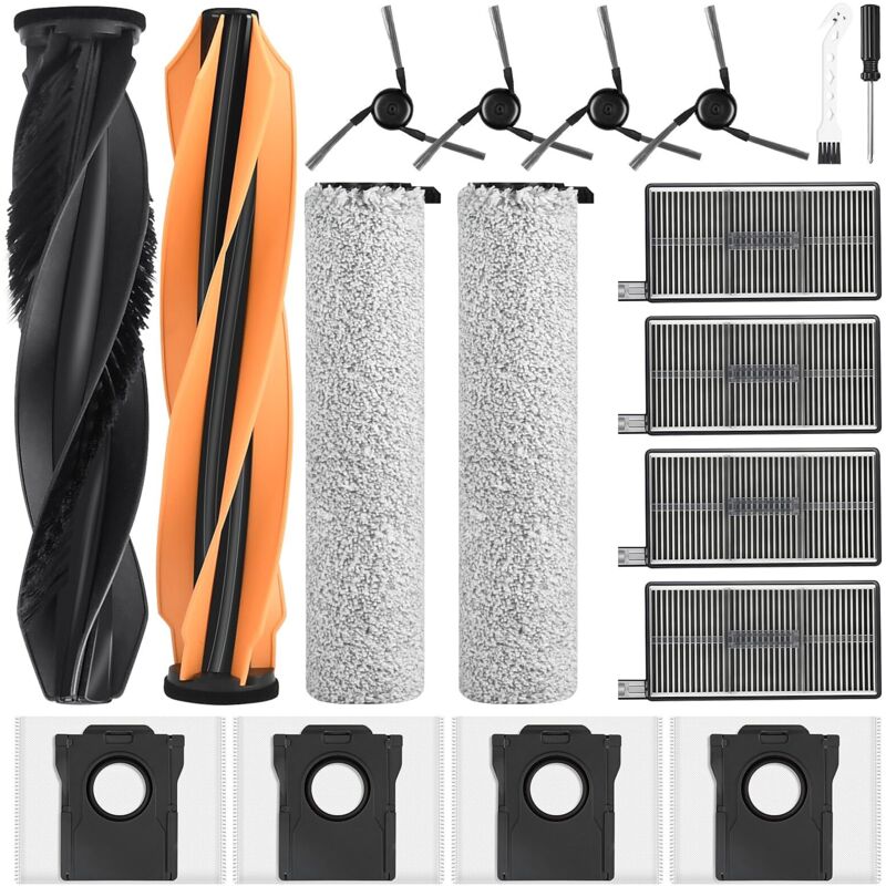 18 Stück Zubehör für Dreame Aqua10 Ultra Roller Complete Saugroboter, Ersatzteil mit 4 Staubbeutel 4 Seitenbürsten 4 Filter 2 Wischwalze 2