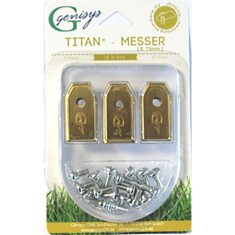18 titan Ersatz Messer Klingen kompatibel für Husqvarna Automower ® / Gardena Mähroboter (longlife - 0,75 mm - 3 g) + Schrauben