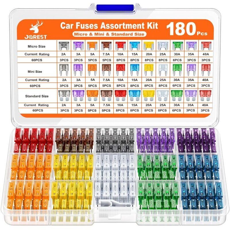 180-teiliger Kfz-Sicherungssatz, 60 Mini-Kfz-Sicherungen + 60 mittlere Kfz-Sicherungen + 60 Mikro-Sicherungen + Sicherungsauszieher - für