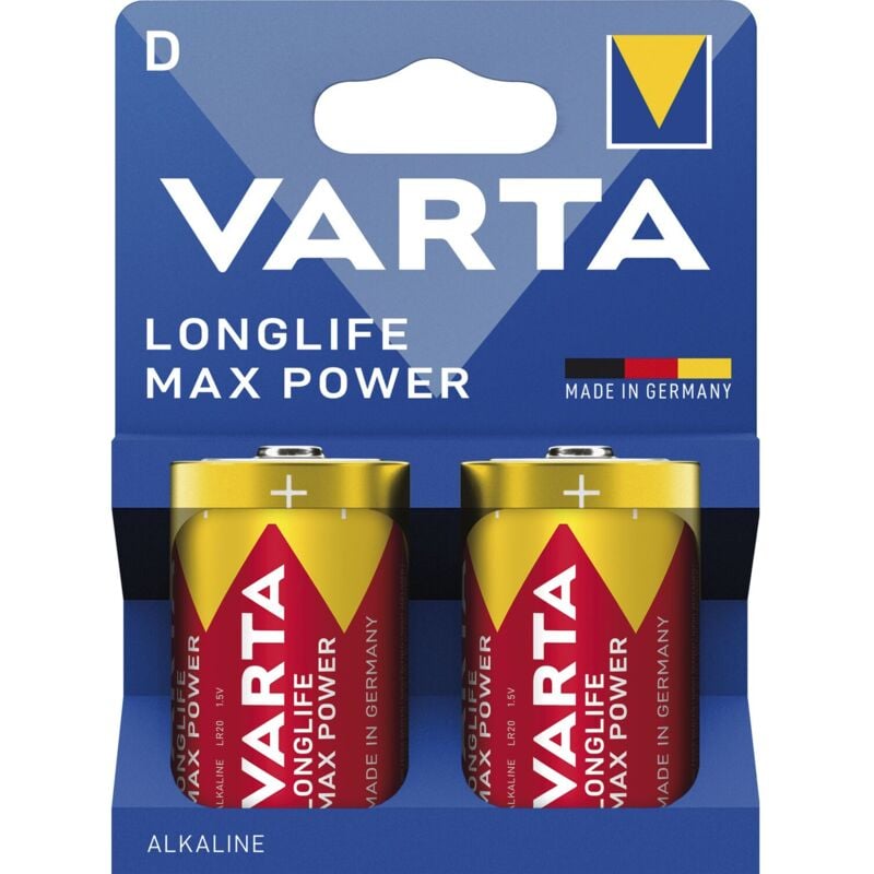 Varta - Longlife Max Power d LR20 Alkali-Mangan Batterie 1,5V 2 Stück - Zuverlässige Energie für Audio-Geräte und Babyphone
