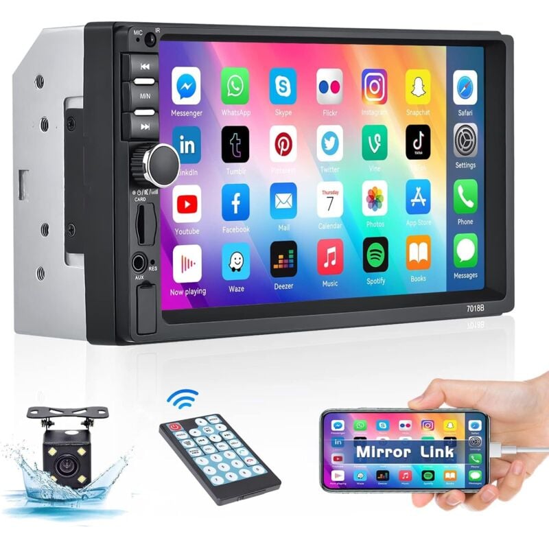 2-DIN-Autoradio, kabelgebunden, Mirror Link, FM, Bluetooth, 7-Zoll-Touchscreen-Autoradio mit Rückfahrkamera, USB-AUX-Ladefunktion, Con Pomo