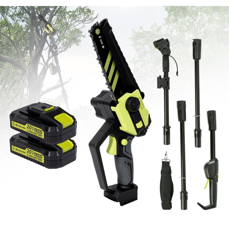 2-in-1 6 Zoll Teleskop-Kettensäge & Mini-Kettensäge, bürstenloser Akku-Trimmer mit 2 Akkus, bürstenloser Motor, Verlängerung bis zu 2 m