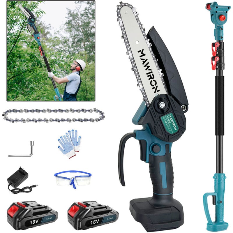 2-in-1-Bürstenlose Akku-Kettensäge, Beschneiden mit großer Reichweite, Mini-Kettensäge mit 2 Ketten, 2 x 3,0-A-Akku + Ladegerät, kompatibel mit