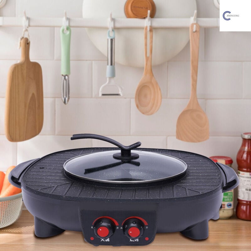 2-in-1-Elektroherd für Fondue und Barbecue, rauchfreies Barbecue, multifunktionaler Herd mit 42 cm Durchmesser.