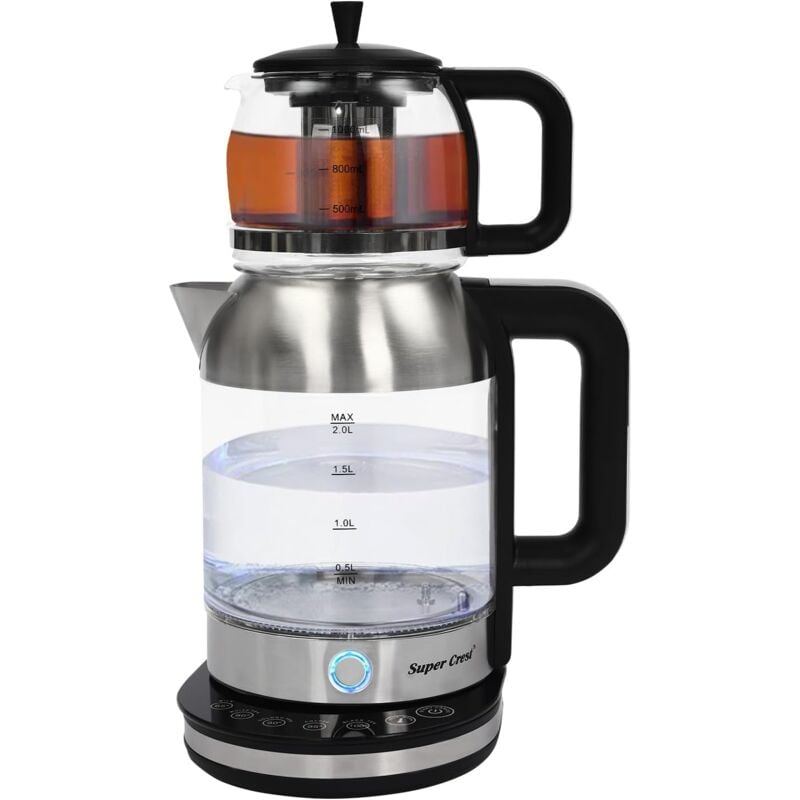 2 in 1 Glas Teekocher Wasserkocher mit Edelstahl-Teefilte Wasserkocher für Kaffee und Tee, Turkisch Tee Kanne Türkisch Traditional Tee BPA-frei,