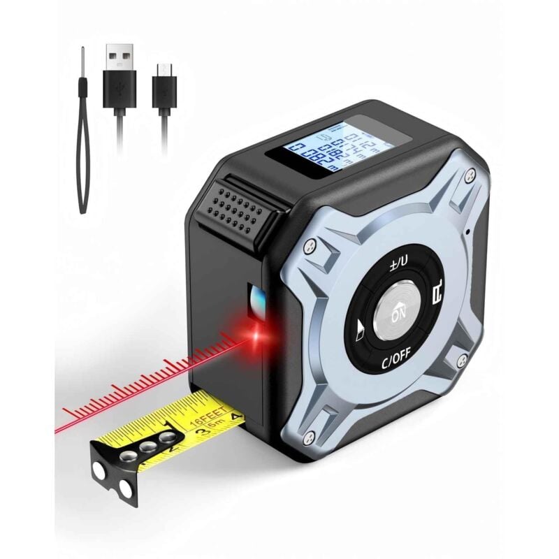 2-in-1-Laser-Maßband, 40 m Laser-Entfernungsmesser und 5 m Maßband, wiederaufladbares Laser-Maßband per USB-C, LCD-Display, mehrere Messmodi,