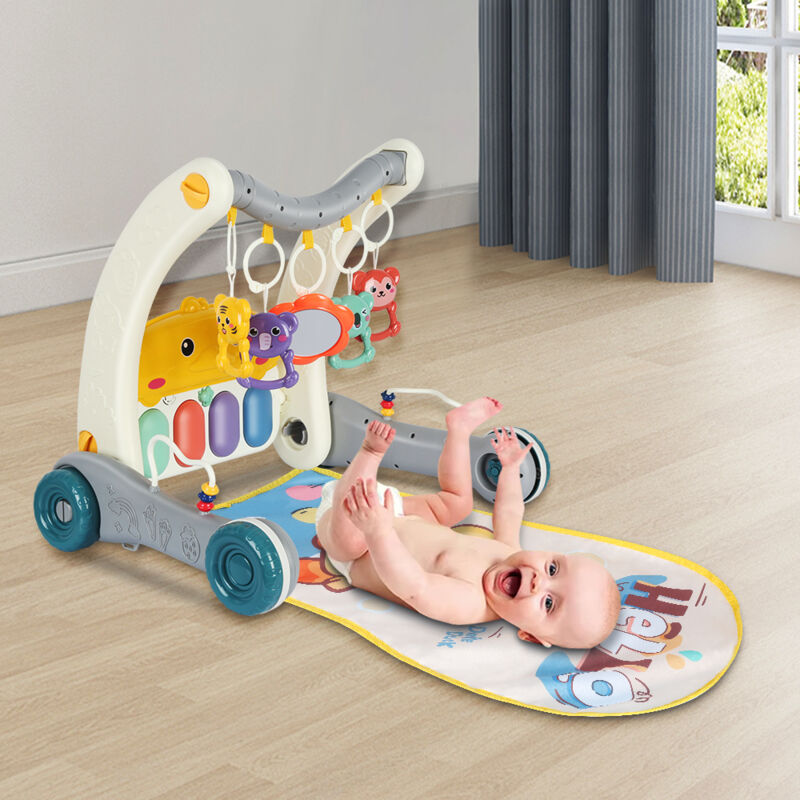 2 in 1 Lauflernhilfe Lauflernwagen Spielmatte mit Spielbogen und Musik Lernspielzeug für Baby grau