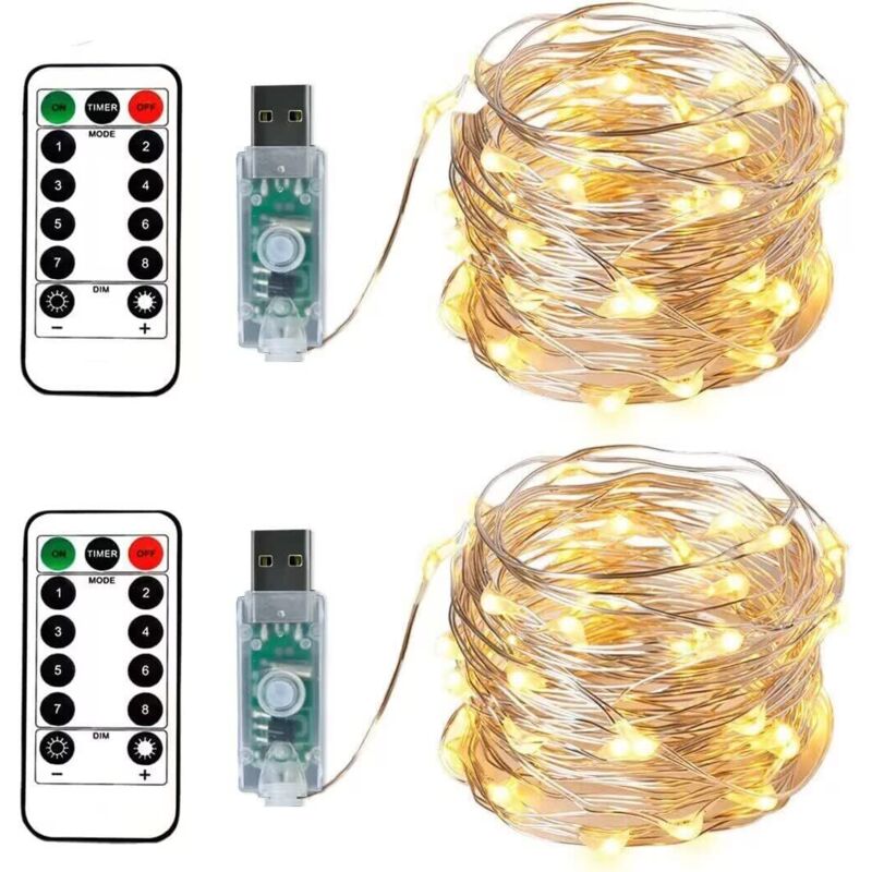 2 Lichterketten 100 LEDs 10 Meter Silberdraht Warmweiß, USB-Stecker mit Fernbedienung Sternenlicht für Weihnachtsfeier Hochzeitsdeko