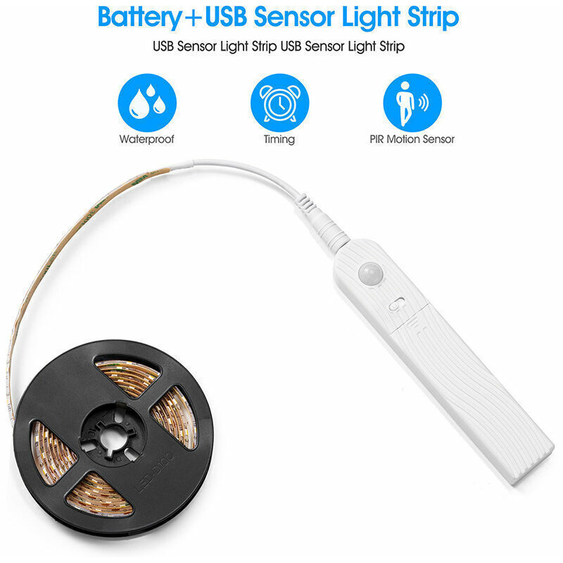 2 m LED-Streifen mit Bewegungssensor, 120 dimmbare, batteriebetriebene LEDs, LED-Licht, selbstklebender LED-Streifen, Lichtleiste für Küche, Schrank,