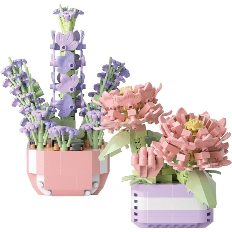 2 Mini Blumen Sukkulenten Bausteine Set 349 Stück+335 Stück (Kamelien + Lavendel) Botanisches Set Topf Pflanze Blume Botanische Simulation Topf