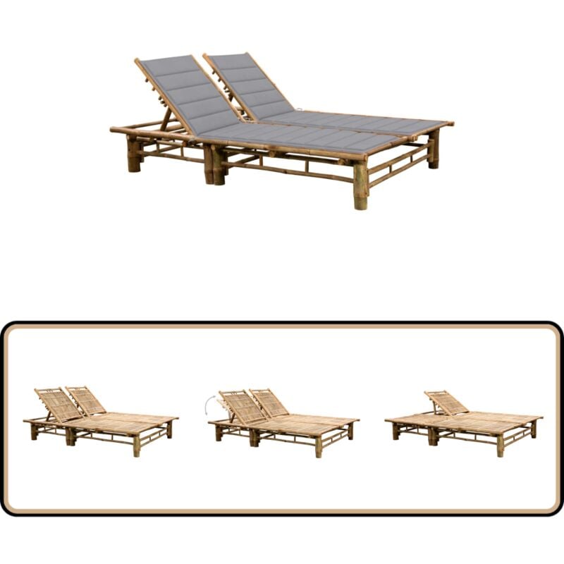 Vidaxl - 2-Personen-Sonnenliege mit Auflagen Bambus - Bambusgartenmöbel - Liegeposition Einstellbar - Sonnenschirmhalterung - Gartenlounge - Outdoor